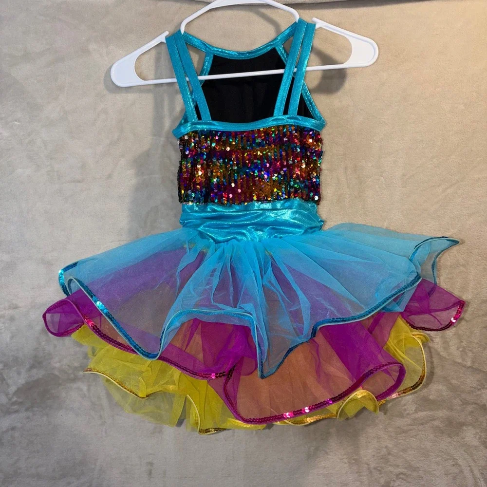 Weissman Kids Rainbow Sequin Tutu Dance Costume Blue Yellow Style 10819 Size IC